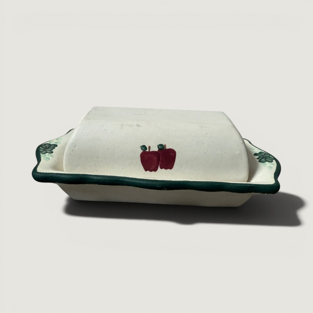 Noel Pie Plate Co Handpainted Ceramic Butter Dish Apple Motif Cream Green - Picture 1 of 6